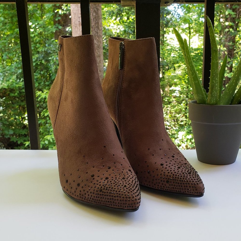 LAURA BIAGIOTTI Stiletto Heel Ankle Boots in Brown with Crystal Toe Studs Sz 11